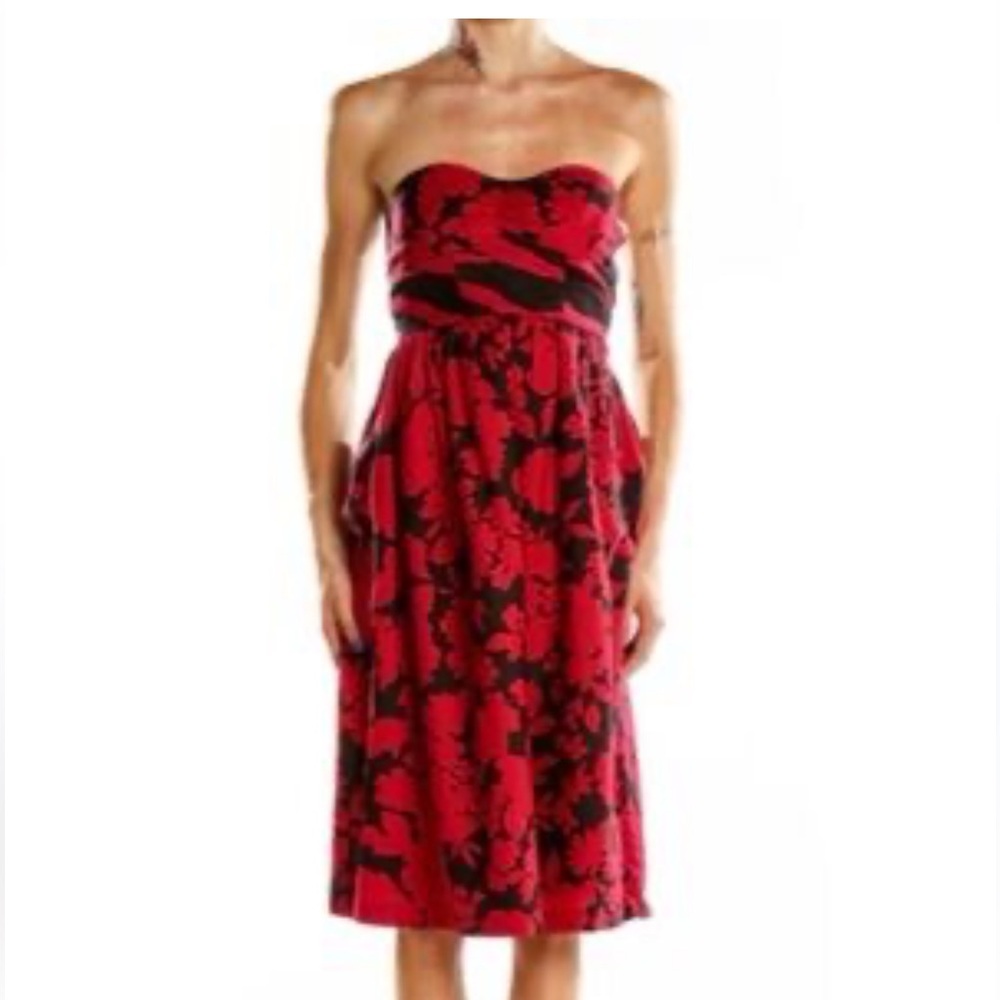 Anthropologie Tibi Sweetheart Neck Red/Black Floral Strapless Midi Dress Size 4 - Picture 4 of 14